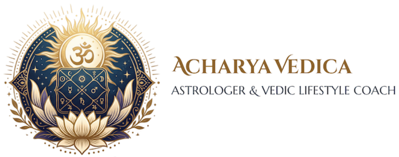 Acharya Vedica logo: golden Om in a radiant sun, Vedic kundali chart, and lotus flower with the words Acharya Vedica, Astrologer and Vedic Lifestyle Coach