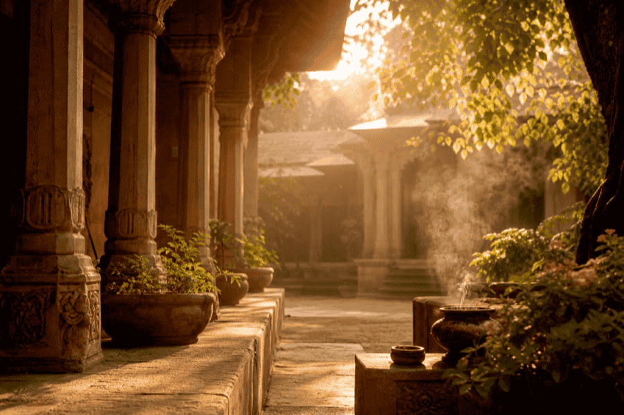 Quiet Vedic courtyard at golden hour